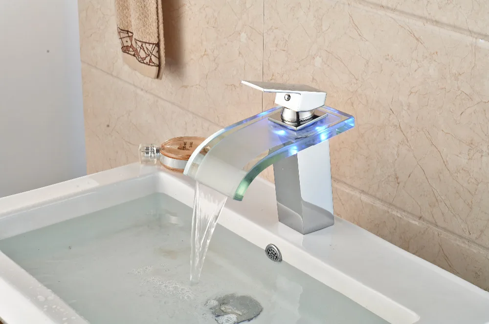

Free Shipping ! New LED Chrome Finish Waterfall Deck Mounted Basin Faucet Vessel Sink Mixer tap