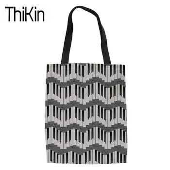 

THIKIN Canvas Tote Bags Women Piano Key Printing Shoulder Bag for Females Foldable Shopping Bags Ladies Music Note Shopper Bag