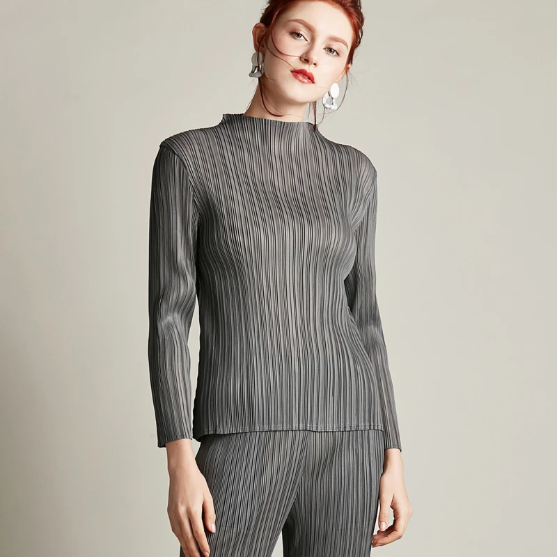 Changpleat Весенняя Водолазка с длинным рукавом Базовые Женские футболки топы Miyak плиссированные Модные Дизайнерские однотонные большие эластичные футболки