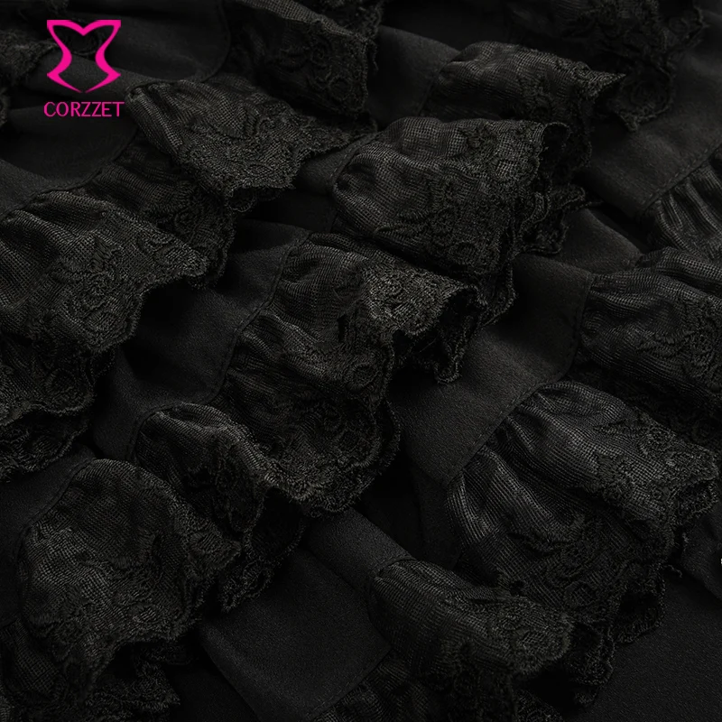 Black Layered Lace Ruffle Stand Collar Lantern Sleeve Gothic Shirt Vintage Medieval Cosplay Steampunk Clothing Men Victorian Top