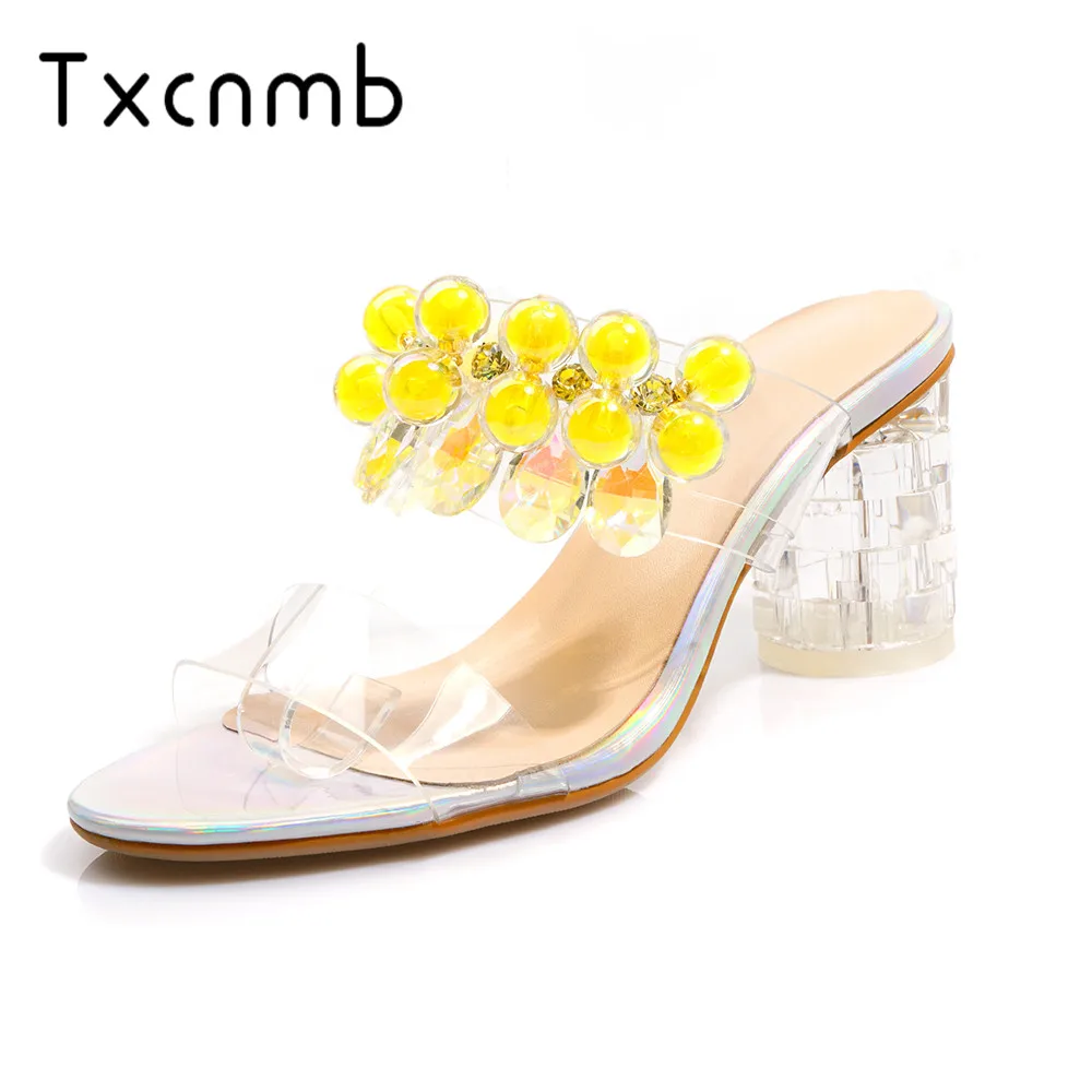 

TXCNMB shoes woman 2019 summer Women Sandals pvc Transparent Round Open-toed Square High Heel Slingback wedding party shoes