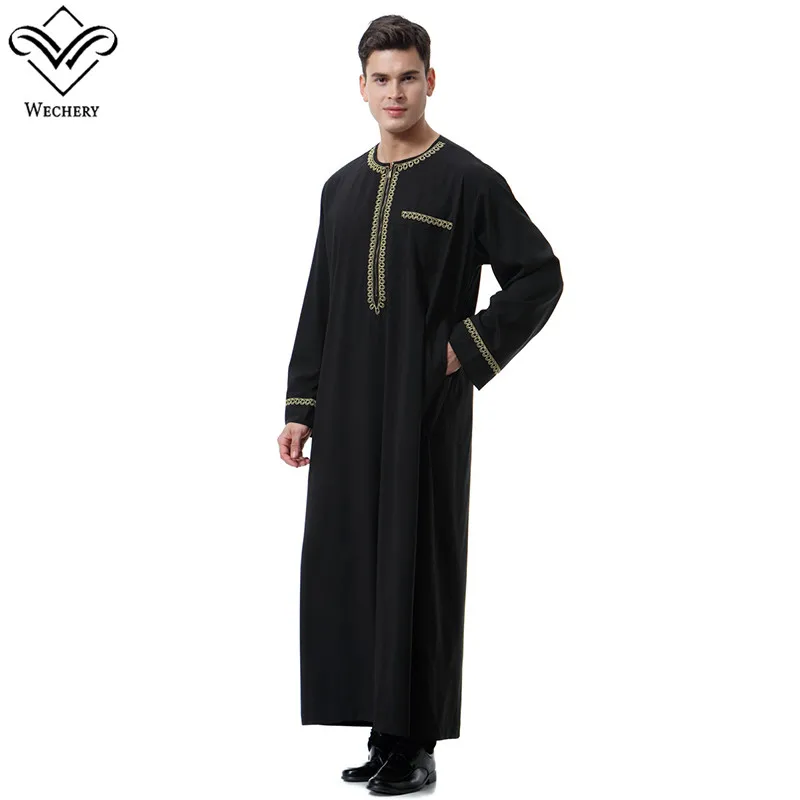 Wechery для мужчин s jubba ТОБ Мусульманский Исламский кафтан с длинным рукавом и карманами пуговицы дизайн халаты для Саудовской