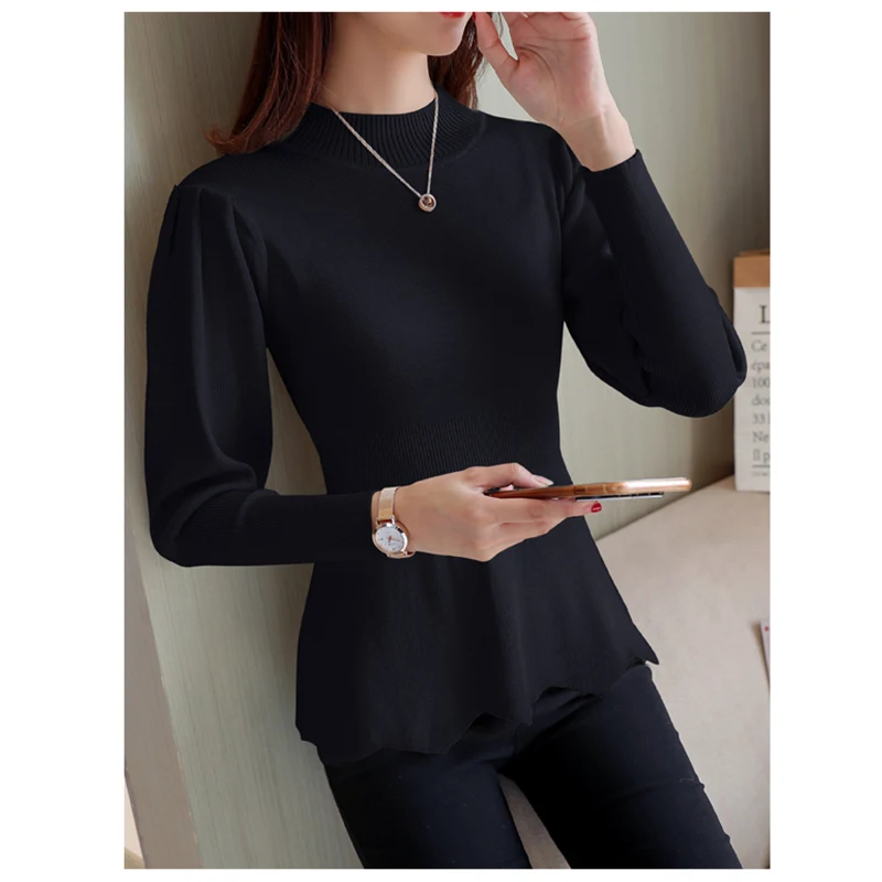 2018 New Winter Long Sleeve Pullovers Sweater Slim Women's Half-High Collar Fluffy Sleeves Sweaters Blouse Ladies Blue jumpers