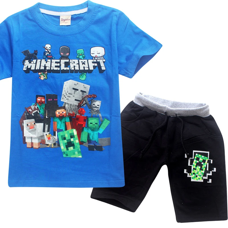 Minecraft نمط الصبي الأطفال ملابس قصيرة الأكمام تي شيرت + السراويل دعوى الصيف جديد أزياء القطن تي شيرت الكرتون الملابس Minecraft نمط الصبي الأطفال ملابس قصيرة الأكمام تي شيرت + السراويل دعوى الصيف جديد أزياء القطن تي شيرت الكرتون الملابس
