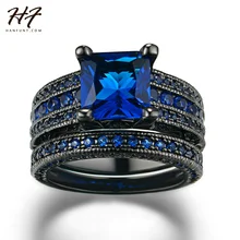 HF New Fashion Luxury Black Gold Color Ring Sets Princess Cut Blue Cubic Zirconia Ring For Women & Men Full Size Wholesale R692