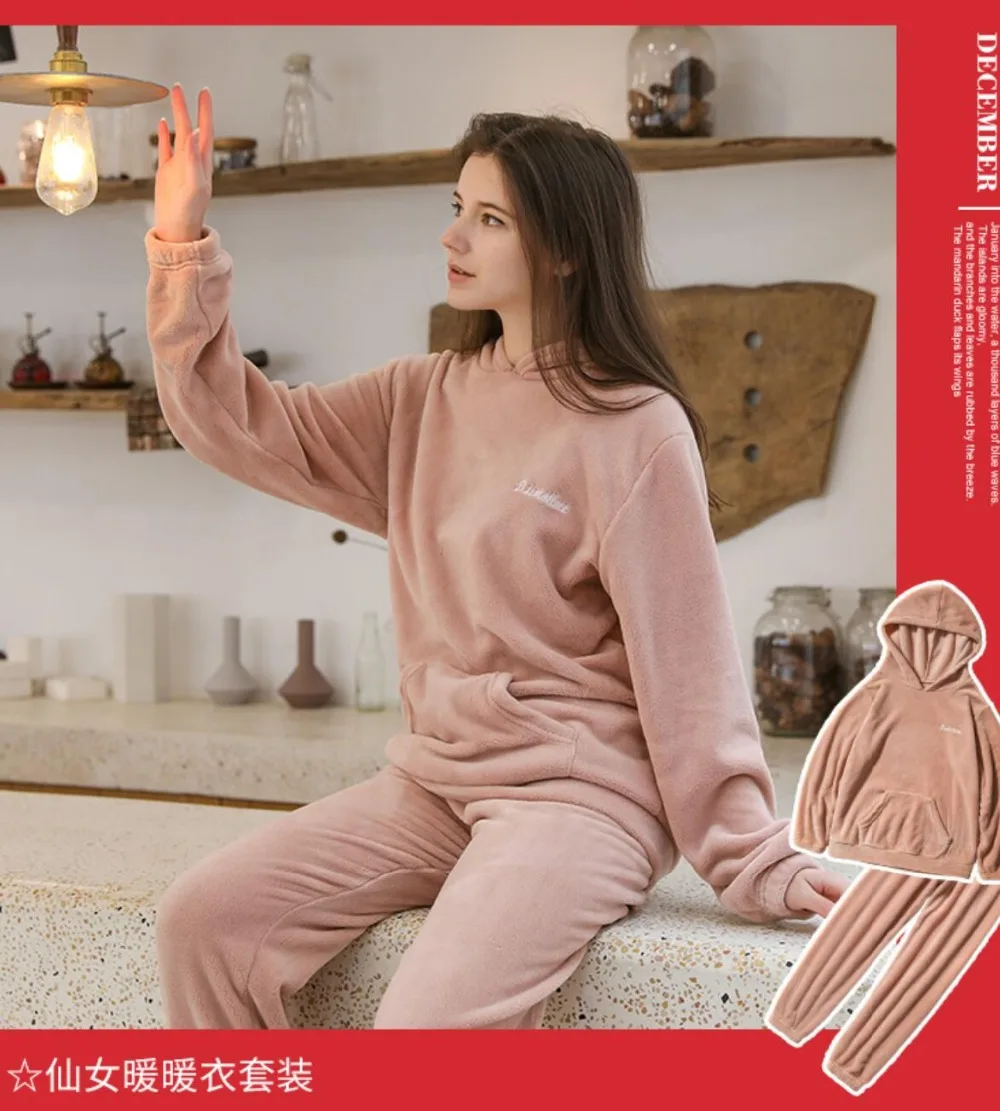 

Coral velvet household clothes winter long-sleeved warm clothes with velvet and thick pajamas