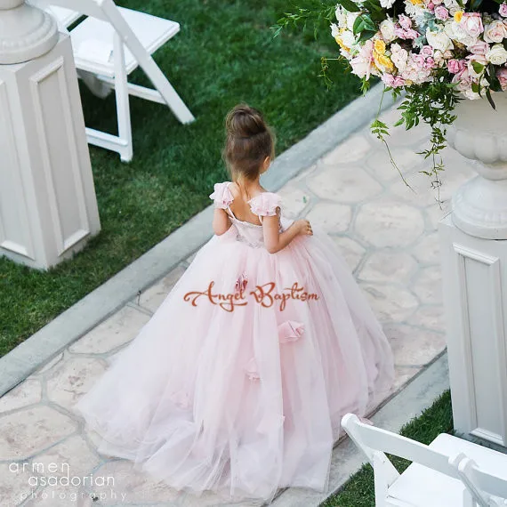 

Lovely pink Puffy Tulle ball gowns with flowers beautiful wedding birthday prom evening dress with train for little girls