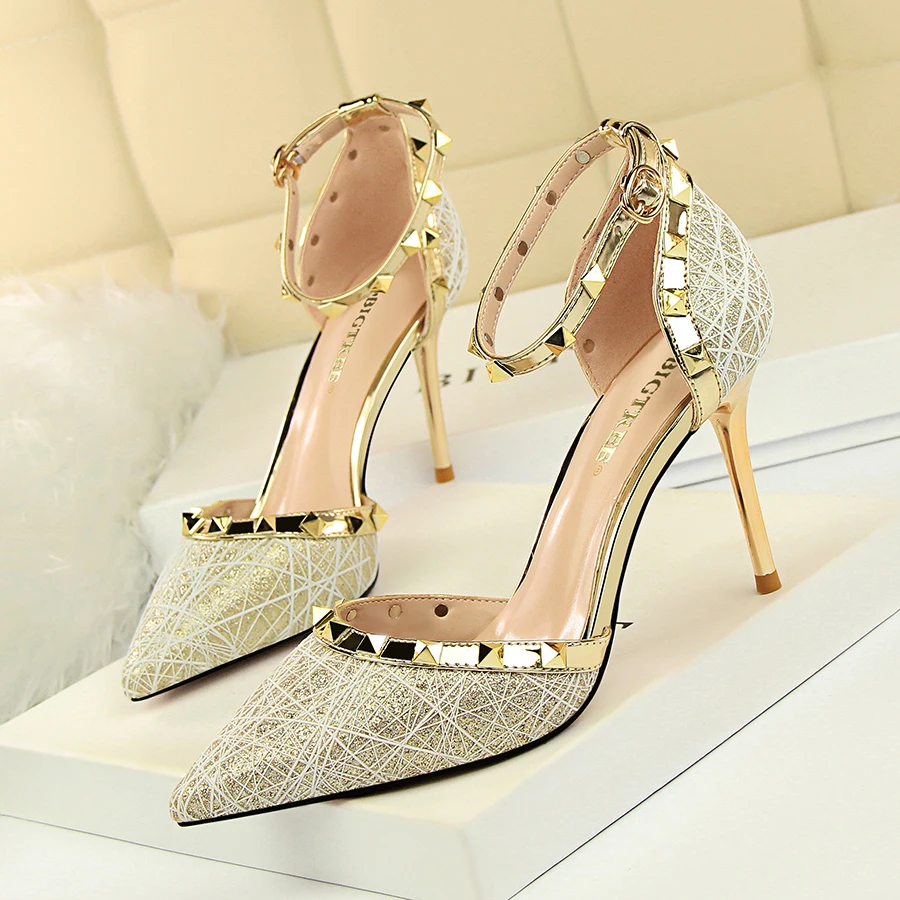 

Bigtree High Heels Women Dress Shoes Fashion Wedding Shoes Rivet Heels Bridal Shoes Gold/Black/Silver Heels