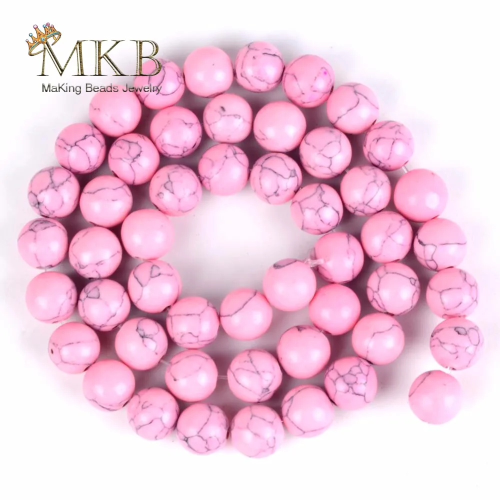 Wholesale 4 6 8 10 12mm Pink Turquoises Stones Round Beads For Making Bracelet Necklace Jewelry 15" Spacer Beads for Needlework