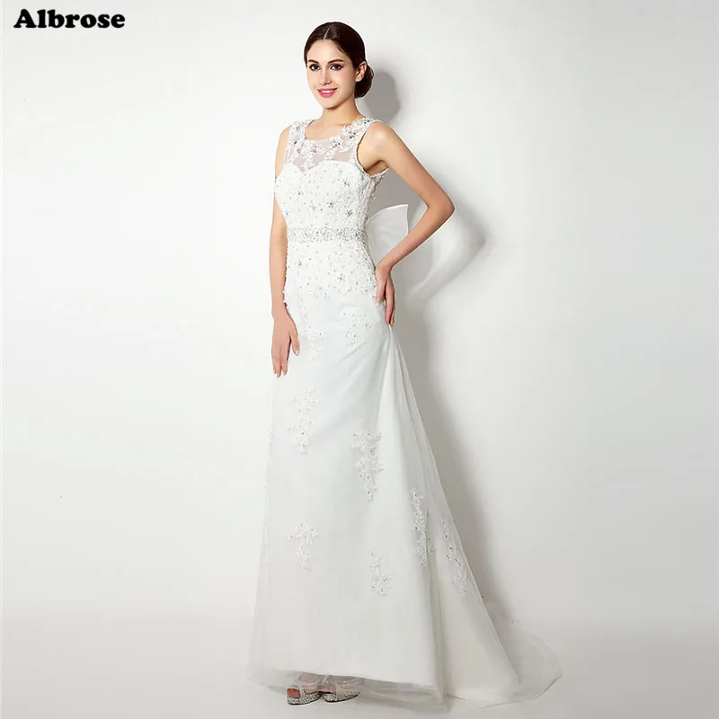 In Stock White Bow Backless font b Wedding b font Dress Lace Beaded Tulle Ivory font