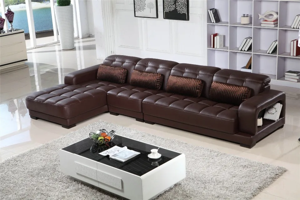 L Shaped Deep Brown Leather Couch Leather Leisure Sofa Set Living
