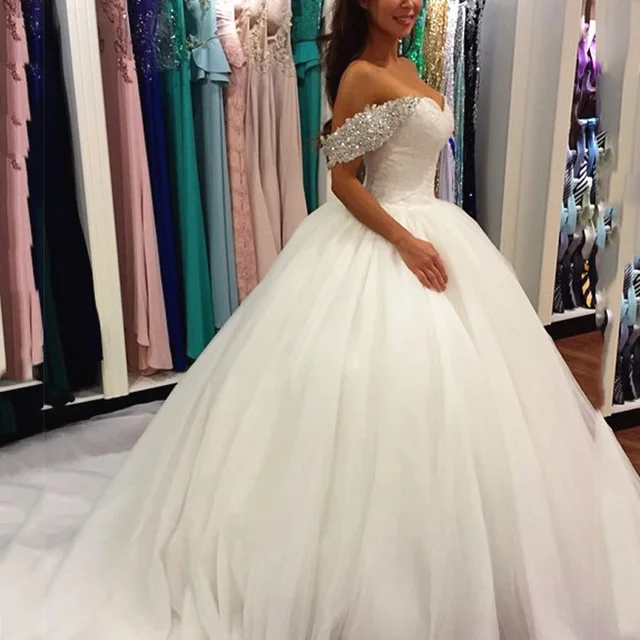 Biały Off Shoulder Piętro Długość Księżniczka Sen Długa Suknia