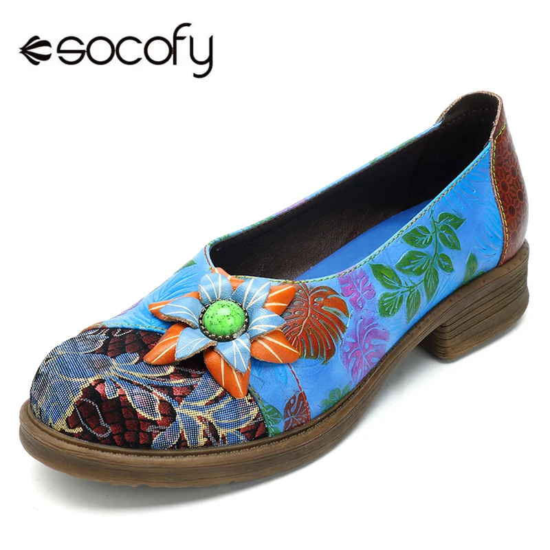 

Socofy Basic Flats Genuine Leather Women Shoes Vintage Bohemian Slip on Large Size Flats Summer Printed Flat Heel Ladies Shoes