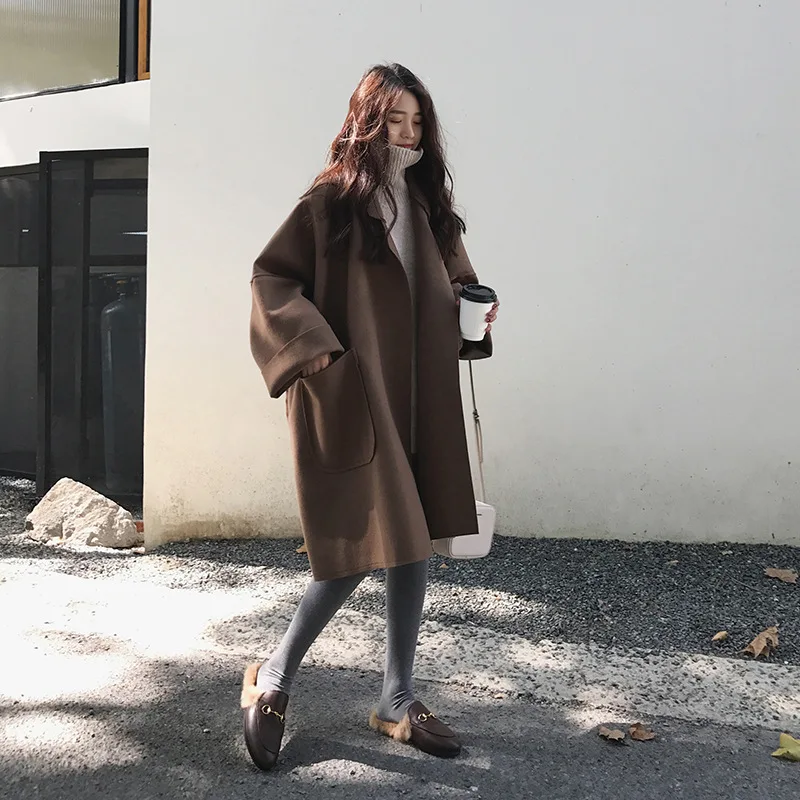 

Vintage Fashion Long Wool Coat Cloak Long Solid Wool Blend Coat and Jacket Pockets Open Stitch Women Coats Autumn Winter