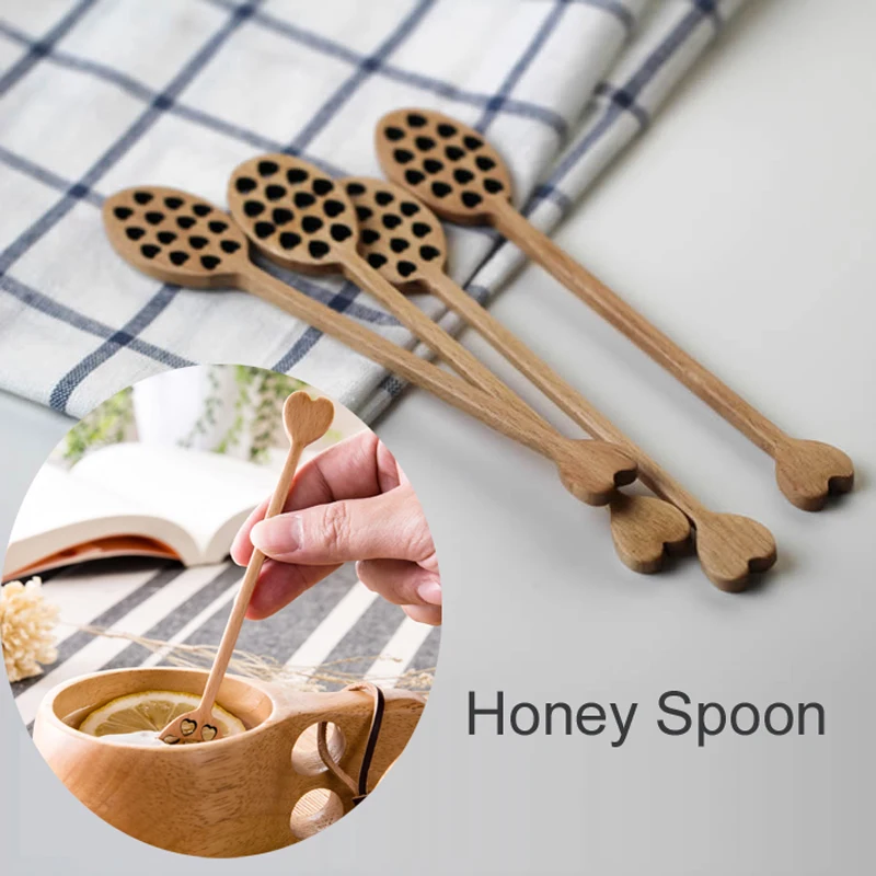 1pc Heart Wooden Honey Spoon Creative Carving Stirring Honey Spoons Flatware Accessoryin Spoons