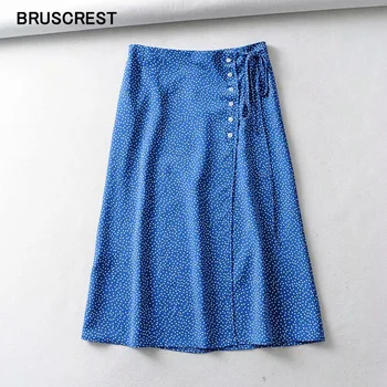 

2019 Summer bohemian vintage high waist skirts womens boho a line blue wrap skirt button korean midi polka dot skirt streetwear
