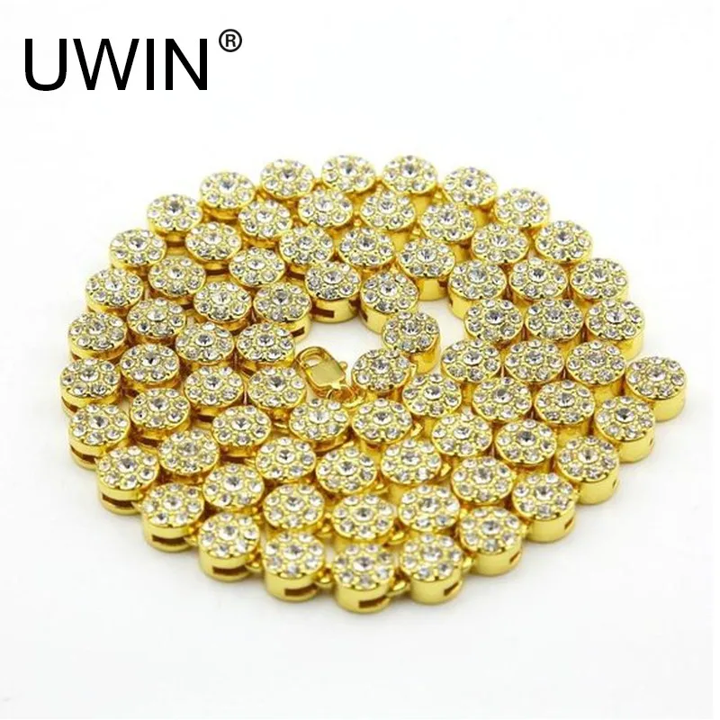 

UWIN Men's Iced Out Necklace 1 Row Round Shape Yellow Gold Color Rapper HIP HOP Bling CZ Rhinestone Chain Necklace Punk Jewelry