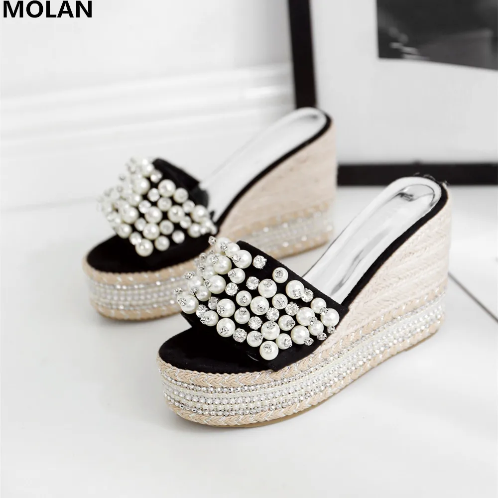 

MOLAN Brand Designers 2019 Summer Luxury Pearl Bling Hemp Wedges Platform High Heels Lady Pumps Slip On Loafers Mules Flip Flops