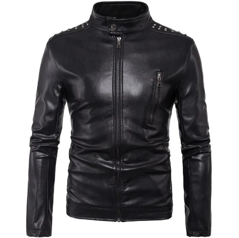 

New Vintage Mens PU Leather Motorcycle Jacket Coat Men Stand Collar Slim Fit Multi Rivets Punk PU Leather Moto Jacket Size M-5XL