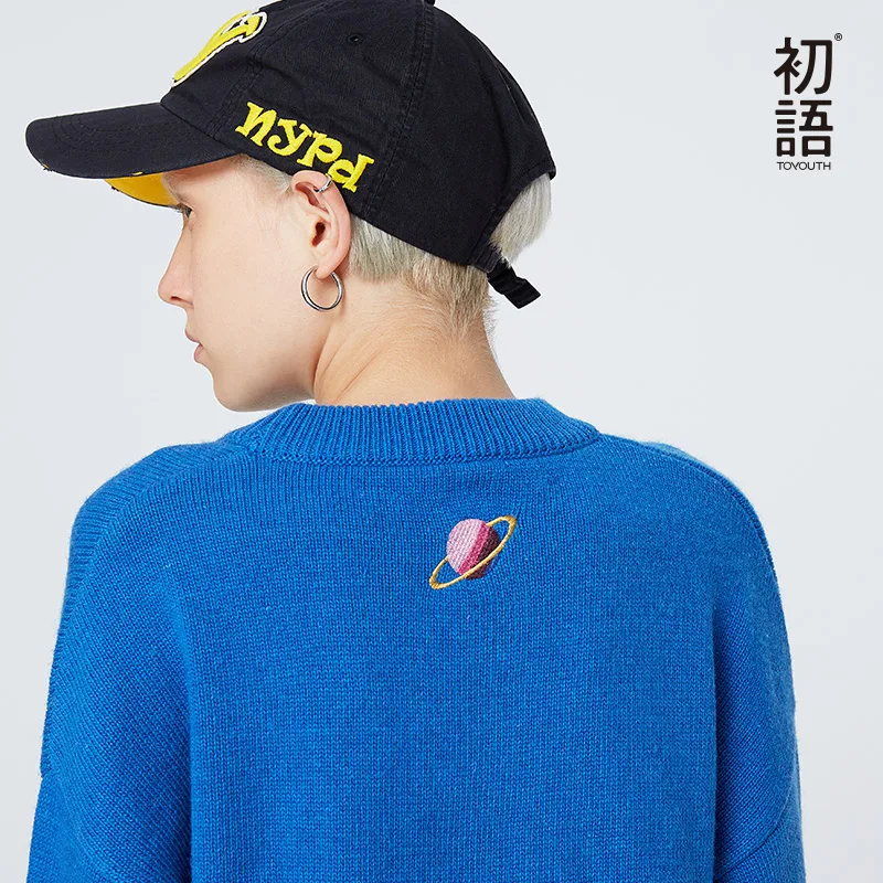 Ceny Toyouth niebieski Patchwork kobiety swetry O Neck sweter z długim rękawem na co dzień list swetry ponadgabarytowych sweter Jersey Mujer topy