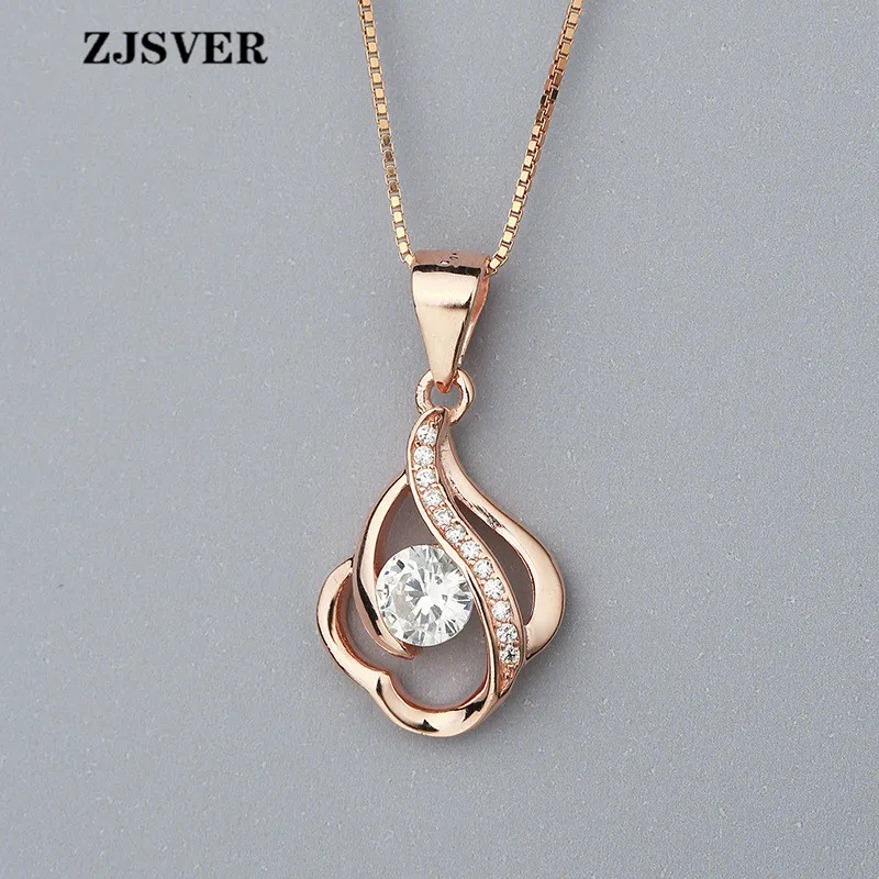 

ZJSVER Crystal Geometric Line Pendant Simple Rose Golden 925 Sterling Silver Box Chain Women Necklace Fashion Fine Jewelry