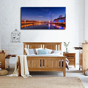 

Modern Art Large Panoramic Canvas Artwork Picture London River Thames Ferris Wheel Night River Reflection for Office Home Decor