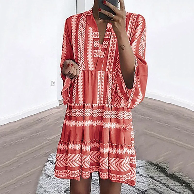 

Loose Dress Half sleeves Women Ladies Mini Printed Boho Baggy V neck Casual Party Summer Vintage Retro Fashion