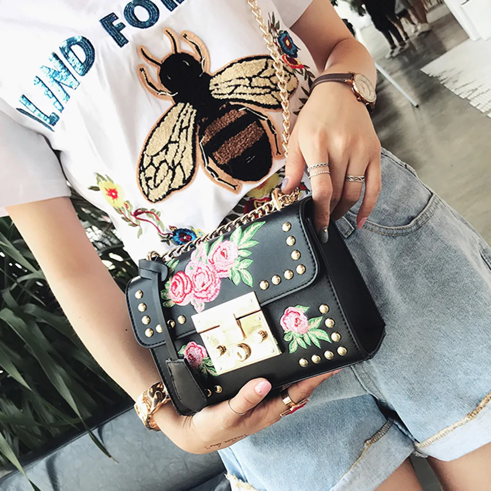 Женская сумка с вышитыми розами на цепочке, сумка на плечо, дизайнерская сумка из искусственной кожи, сумка-мессенджер, Ретро стиль, Сумка через плечо с цветами