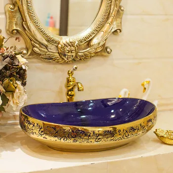 

Luxurious Golden Glazed Europe style chinese washbasin sink Jingdezhen Art Counter Top ceramic bathroom sink art basin oval