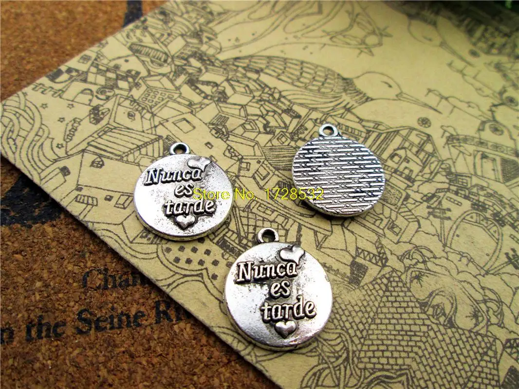 45pcs Spanish Charms Antiqued Silver Tone nunca es tarde charm pendants