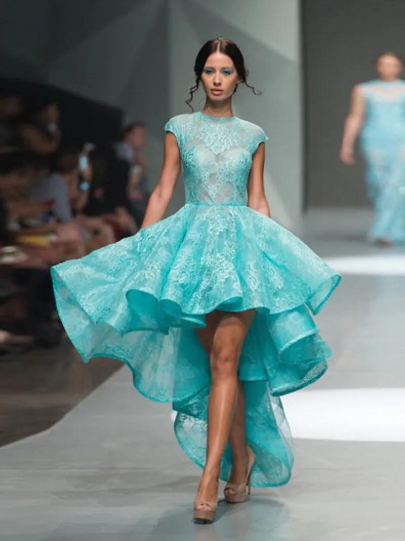 19 155 New Chic Stylish High Low Front Short Long Back Lace Ice Blue Prom Dresses with Cap Sleeve Party Dress Vestidos De Renda 2017