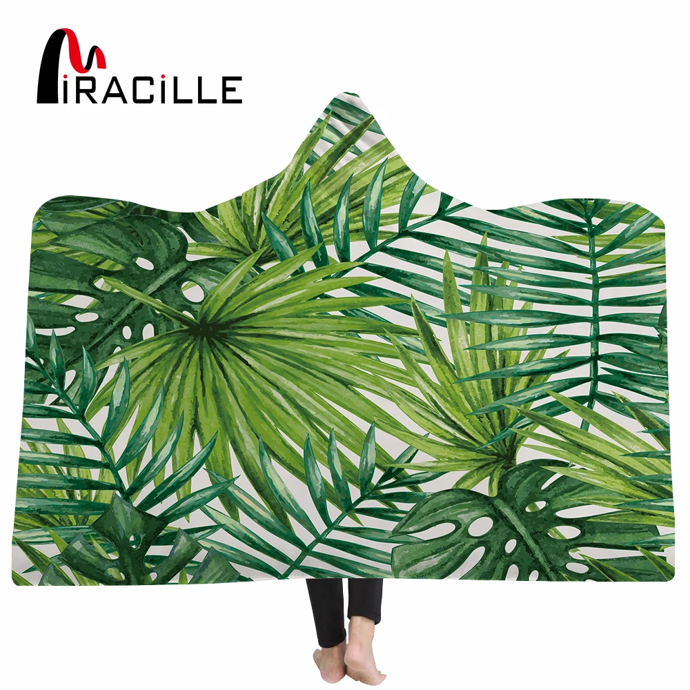 Miracille Tropical Green Plant Leaves Hooded Blanket for Adults Kid