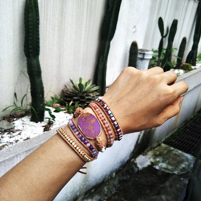 

Rough Sea Sediment stone Wrap Bracelets Natural Stones Bracelet Purple Stone Leather Bracelet Bohemian Girls Gifts Dropshipping