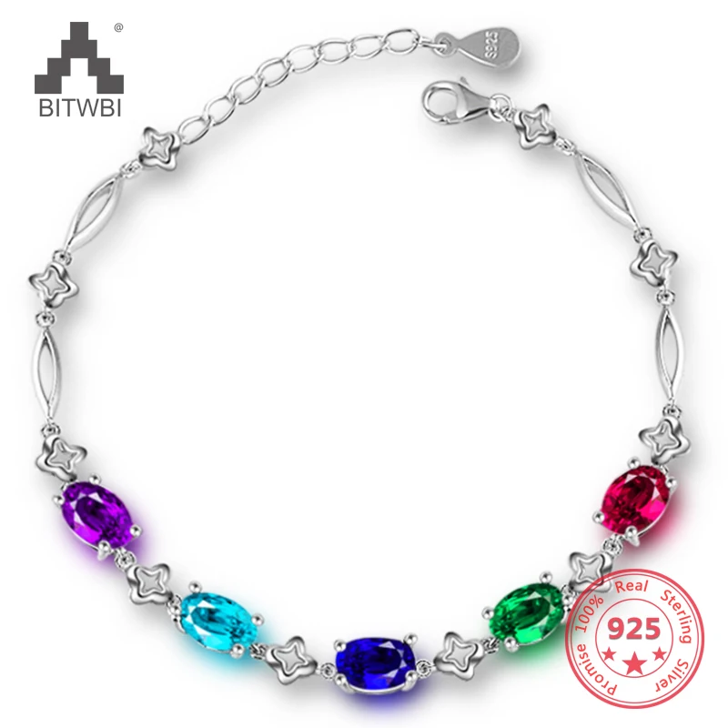 

Hot Sale Valentine's Gift Shiny Multicolored CZ Zircon Crystal Oval Shaped Real 925 Sterling Silver Woman Girl Bracelet Jewelry