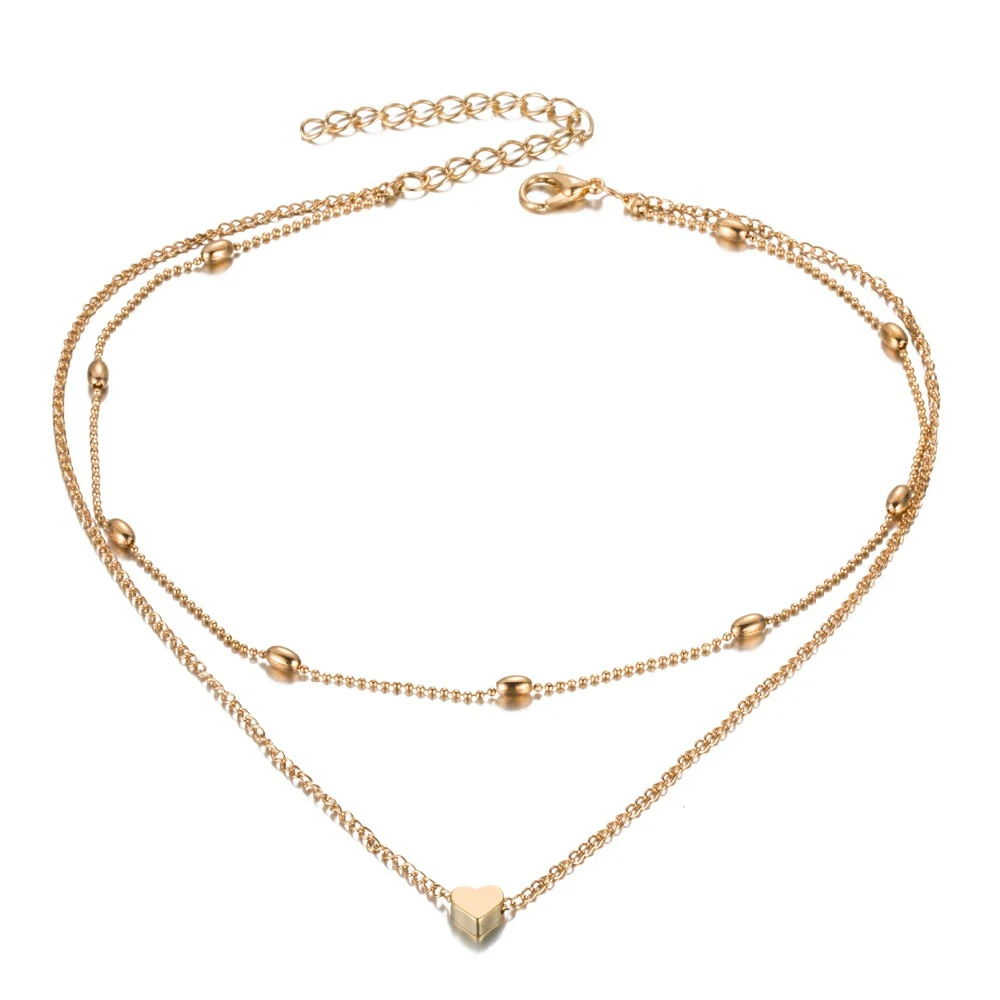 Модные ювелирные изделия золотого цвета Любовь Сердце ожерелье для женщин Двойной Слой Цепи бисера чокер ожерелье с кулоном в форме сердца вечерние подарки