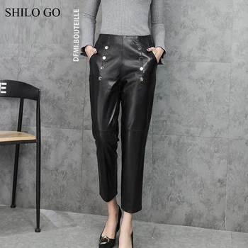 

SHILO GO Leather Pants Womens Autumn Fashion sheepskin genuine leather Pants double breasted stretch high waist pencil pants