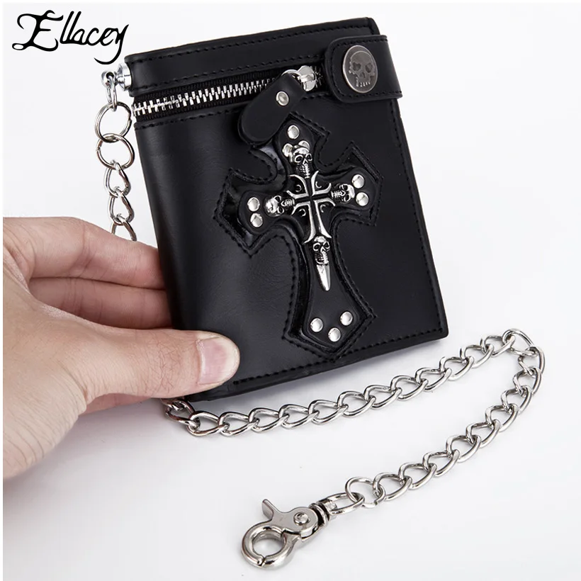 

Punk Style New 2019 Retro Men's Skull Cross Wallet Clutch Bag Chain Rivets Card Purses Vintage Rocker Multi-function Mini Wallet