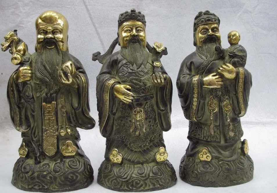 

10 Chinese folk bronze copper Three lucky wealth longevity god Fu LU SHOU Statue