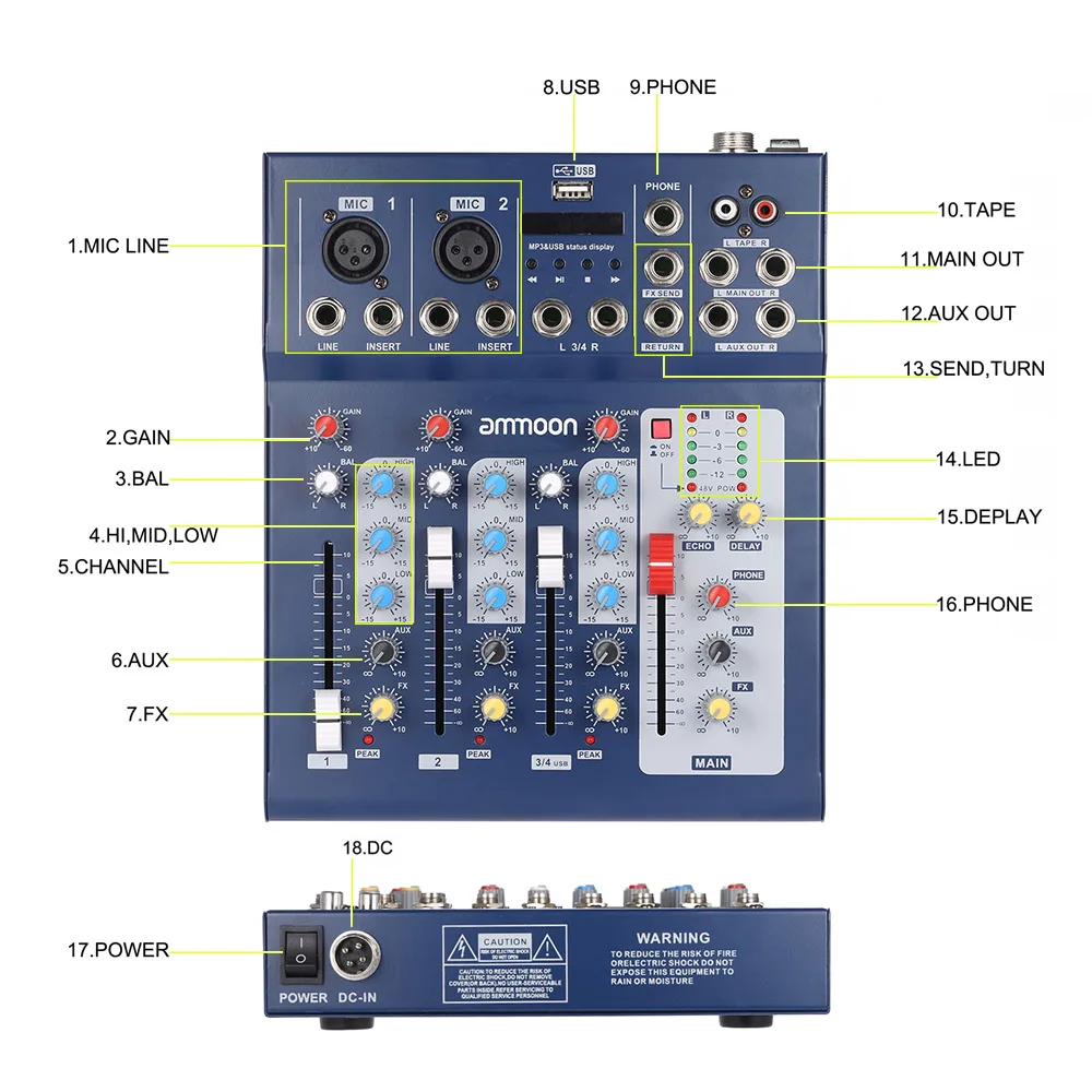 Ammoon F4-USB микшерный пульт 3 канала цифровой микрофон линия аудио микшер консоль с 48 В фантомное питание для записи DJ сцены