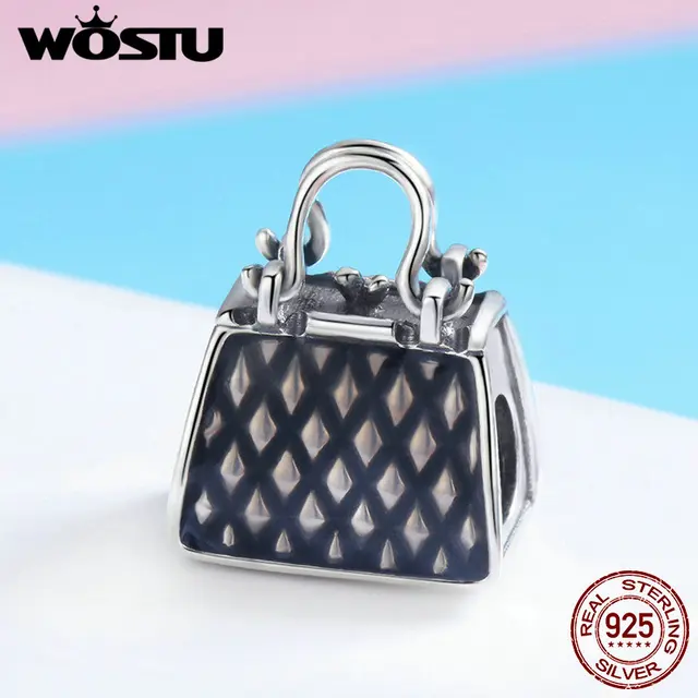 Wostu 925 Sterling Silver Handbag Black Enamel Beads Charms Fit Wostu 925 Sterling Silver Handbag Black Enamel Beads Charms Fit Original Bracelet Bangle Women Fashion