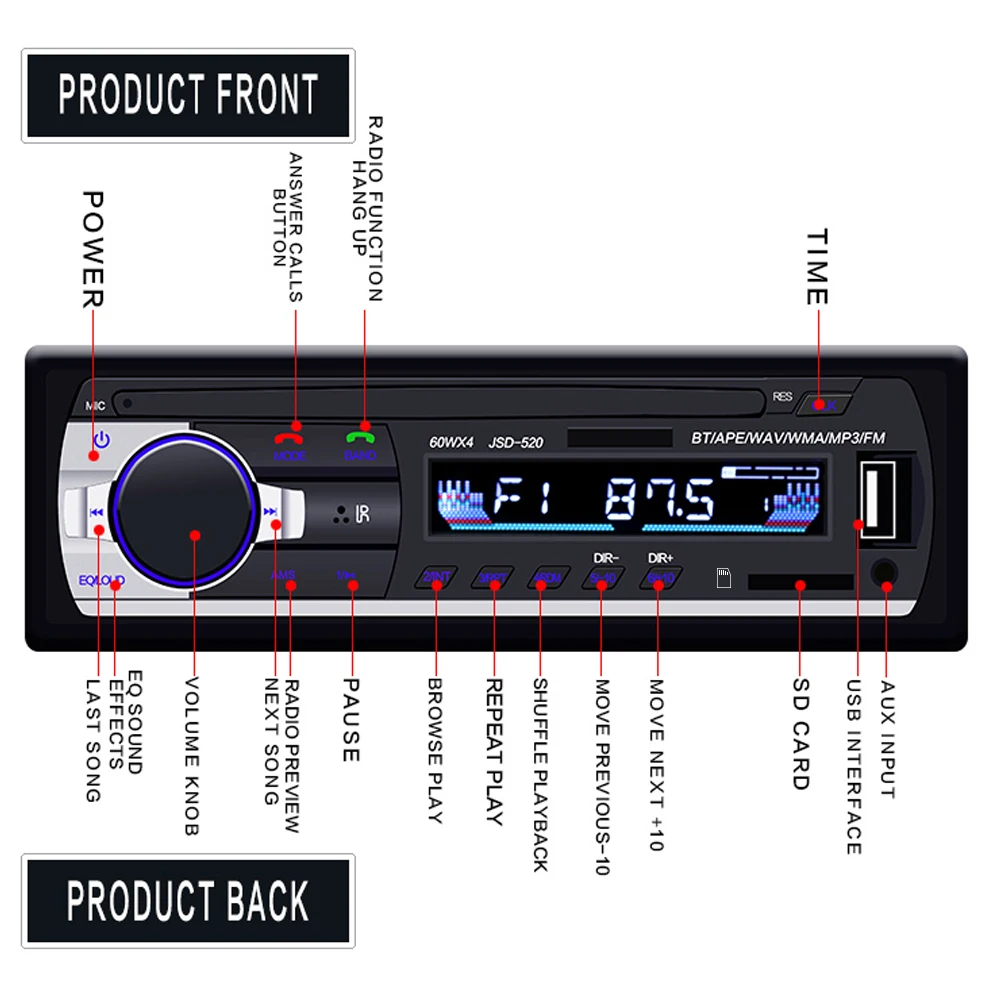 Camecho JSD-520 авто стерео 1 Din автомагнитола 12 в bluetooth V2.0 FM Aux Входной приемник автомобильный аудио SD USB MP3 MMC WMA jsd 520