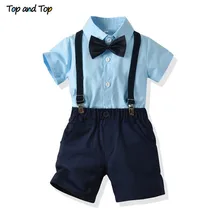 Топ и топ, летняя модная одежда для мальчиков, комплект джентльмена, хлопковая рубашка с короткими рукавами и бантом+ шорты на подтяжках, повседневная одежда
