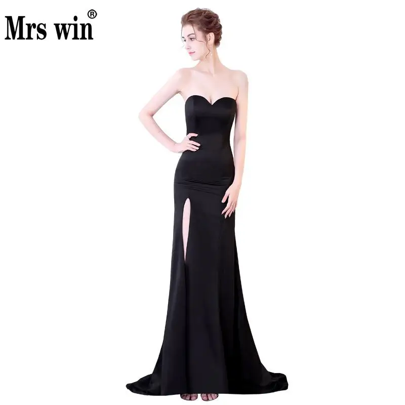 Mrs Win Sexy Strapless High Slit Evening Dress Black Floor length Noble