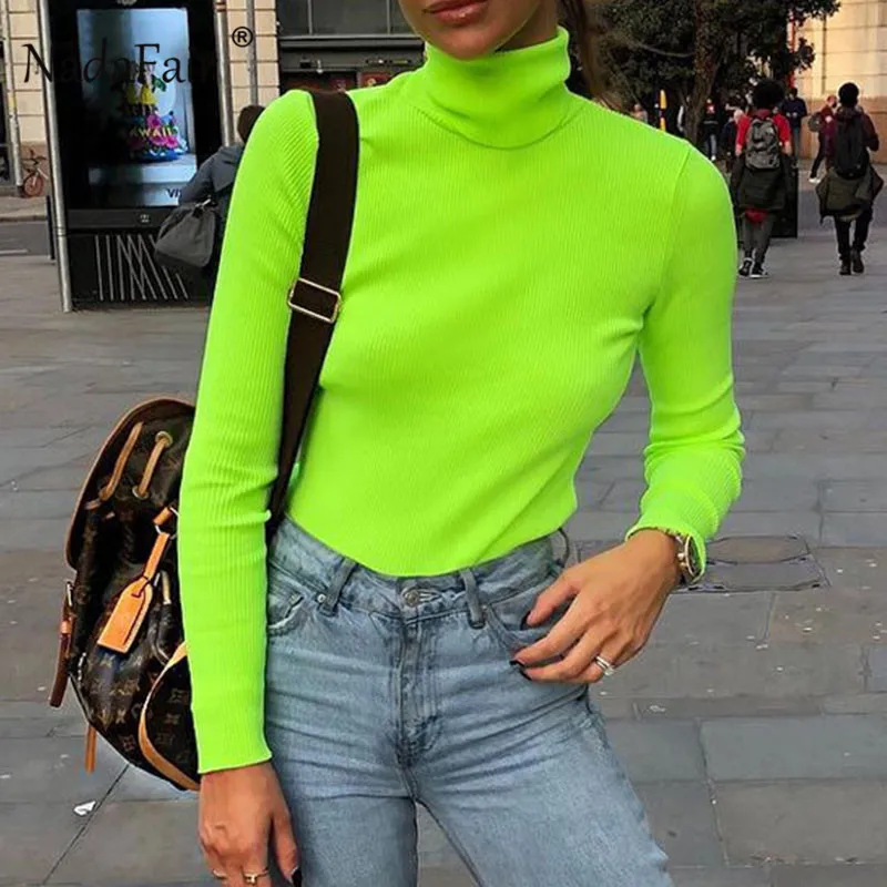 

Nadafair Turtleneck Long Sleeve T Shirt Women Autumn Spring Neon Green T-Shirt 2019 Streetwear Ribbed Knitted Top Tee Female