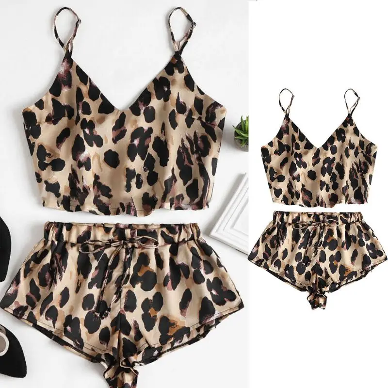 Womens Summer Two Piece Pajamas Set Sexy V-Neck Crop Top Drawstring Wide Leg Shorts Vintage Leopard Printed Sleepwear Loungewear