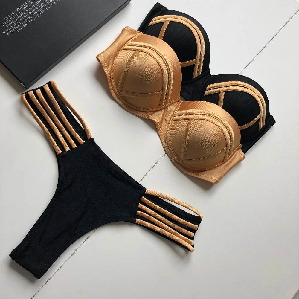 

Sexy Bandeau Bikini Set Strapless 2018 Female Swimsuit Thong Black Bikini Women Push Up Swimwear Backless Bathing Suit S02.3