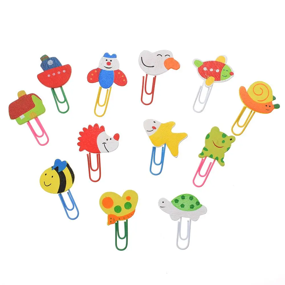 

12PCS Cute Animal Painted Wooden Paperclip Burst Models Stationery Learning Office Supplies Paper Clips Clip Metal