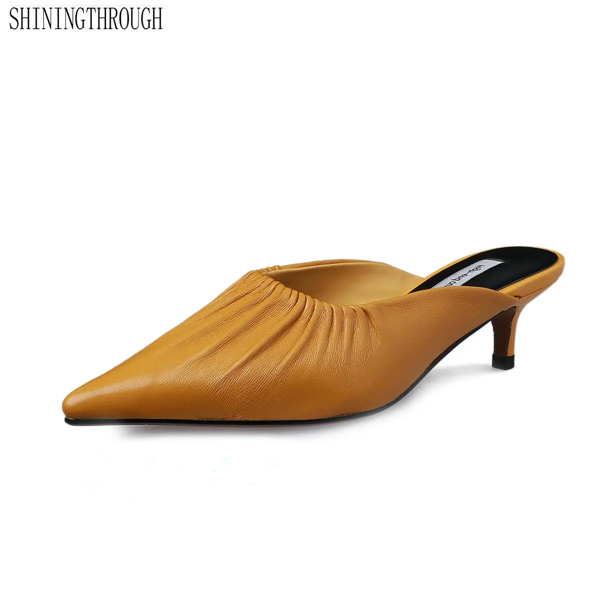 

Brand High Heels Mules Genuine Leather with Fold Pointed Toe 5 cm Thin Heel Sexy Shoes Women black white red yellow red