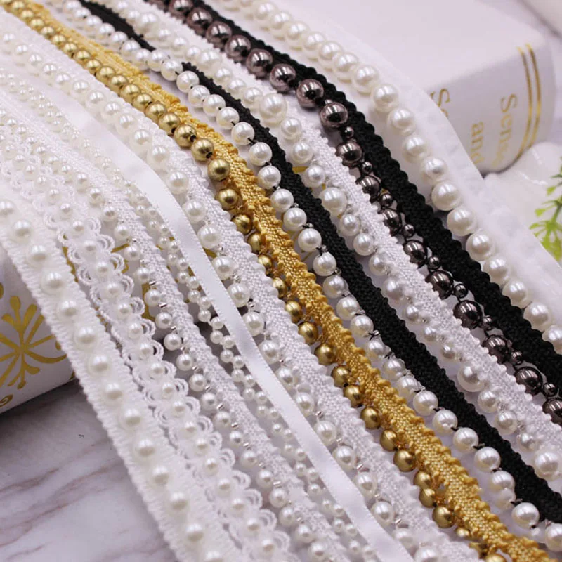 1yard Gold Black Pearl Bead Lace Trim Fabric Lace Ribbon For Wedding Garment Headdress DIY Patchwork Crafts Sewing Accessories