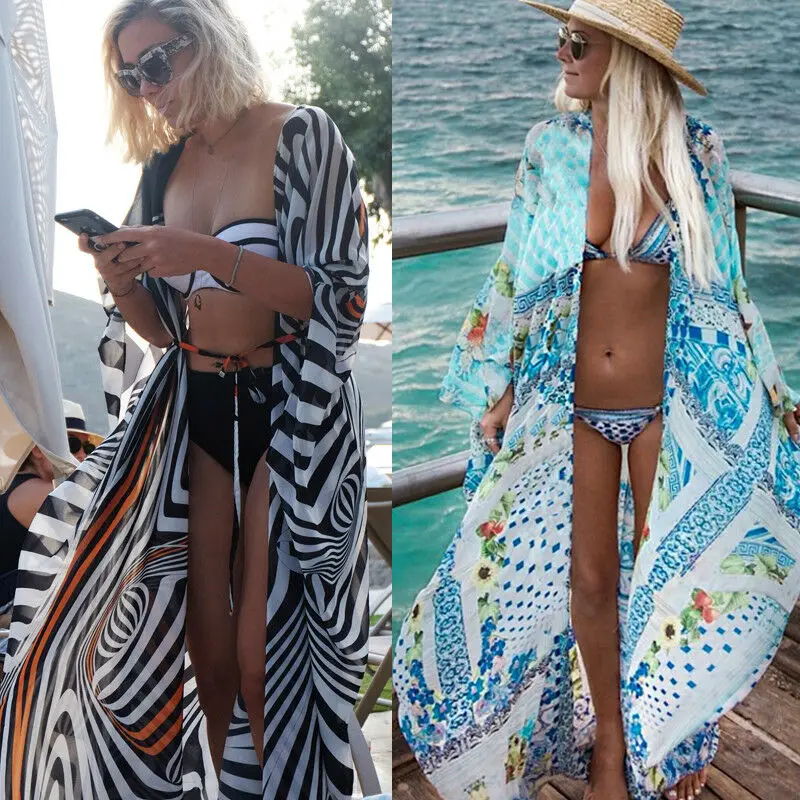 

Women Summer Chiffon Bikini Cover Up Swimwear Bathing Suit Beach Dress Long Maxi Floral Print Ladies Sexy Females Swimwear 2019